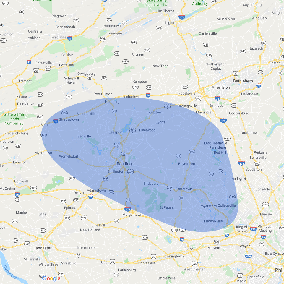 Heating oil delivery service area map in Berks County, PA